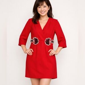 KARTA Black/White Embellished Stone Red 3/4 Sleeve Mini Dress Sz S Cocktail